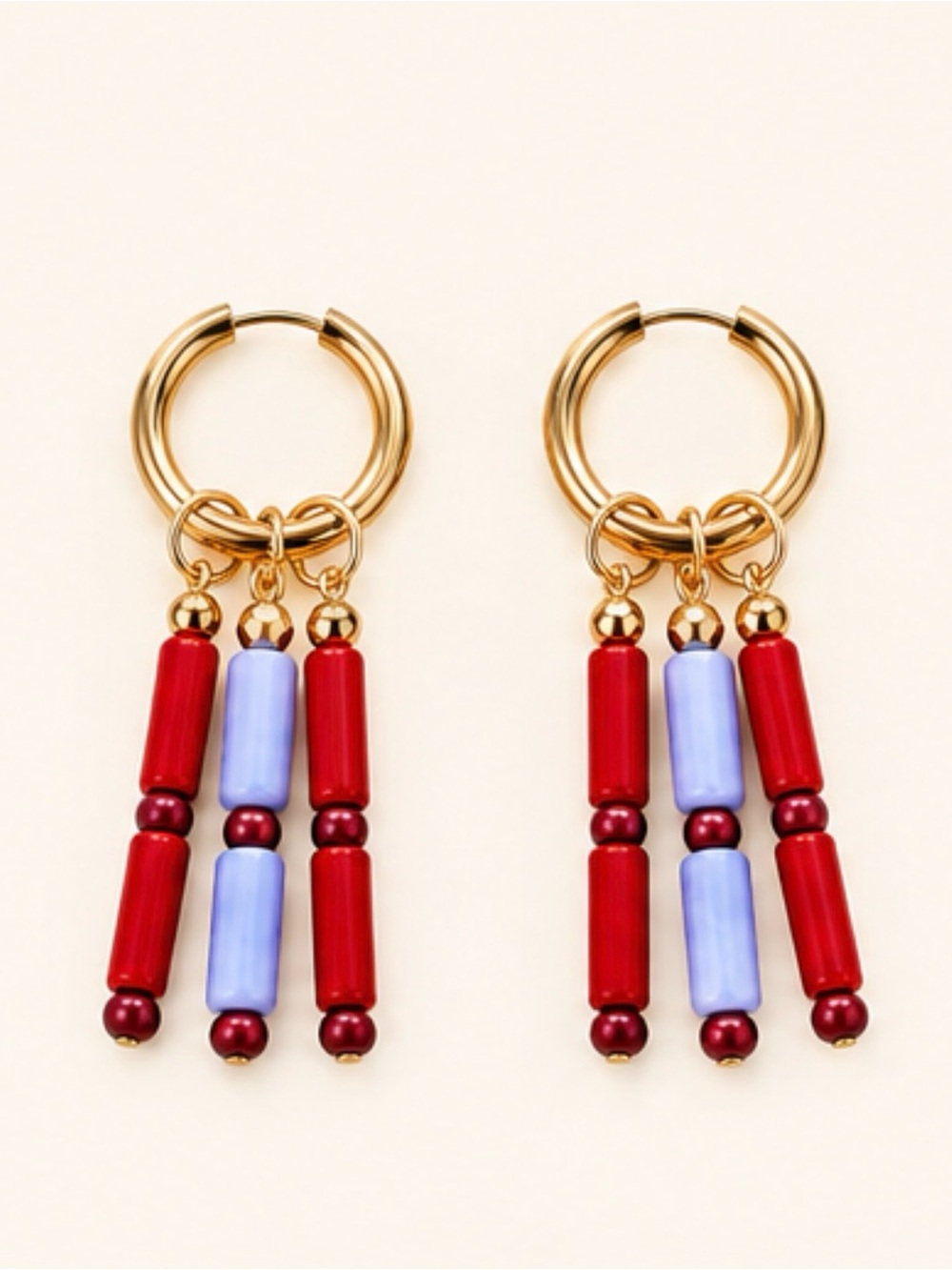 Gold Hoop Earrings with Red and Periwinkle Beaded Drops